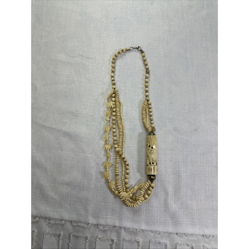 Vtg Carved Bone Elephant Necklace Multi Strand Boho Cream Beaded Safari Brass